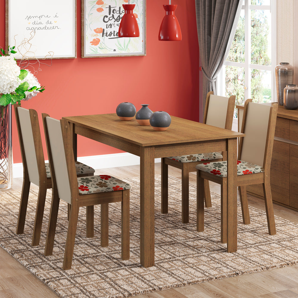 Conjunto Sala de Jantar Madesa Bea Mesa Tampo de Madeira com 4 Cadeiras Rustic/Crema/Floral Hibiscos