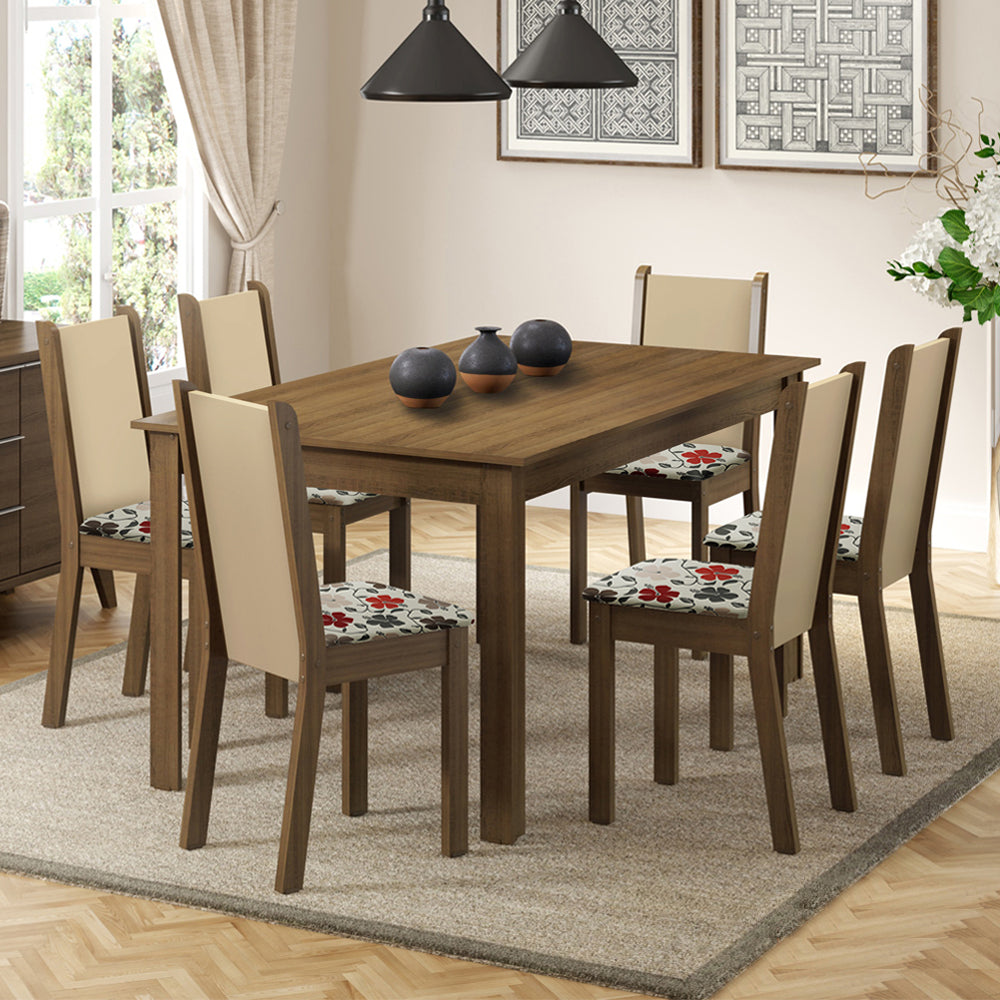 Conjunto Sala de Jantar Madesa Miriam Mesa Tampo de Madeira com 6 Cadeiras Rustic/Crema/Floral Hibiscos