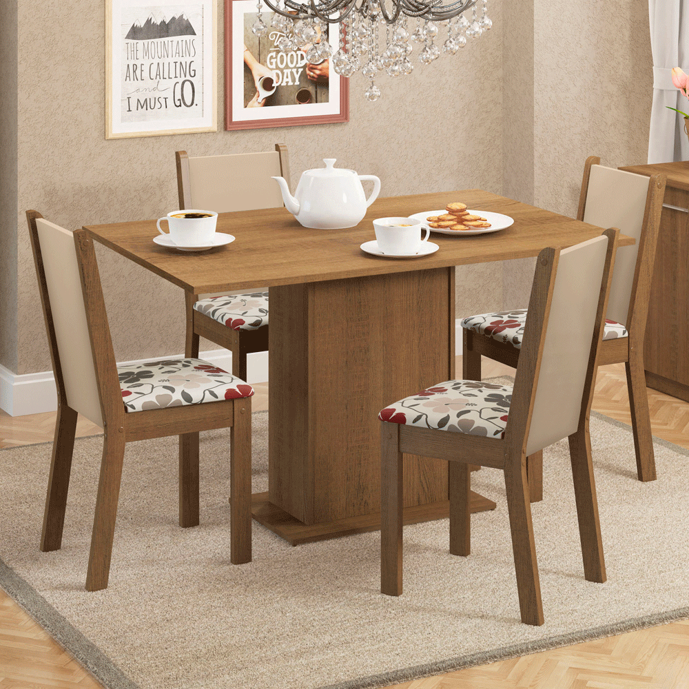Conjunto Sala de Jantar Madesa Talita Mesa Tampo de Madeira com 4 Cadeiras Rustic/Crema/Floral Hibiscos