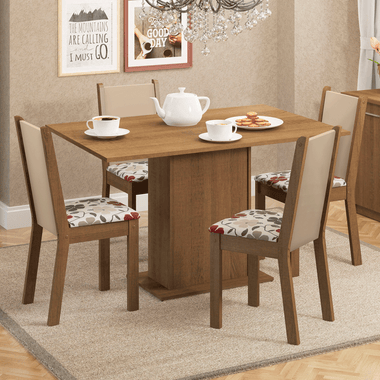 Conjunto Sala de Jantar Madesa Talita Mesa Tampo de Madeira com 4 Cadeiras Rustic/Crema/Floral Hibiscos