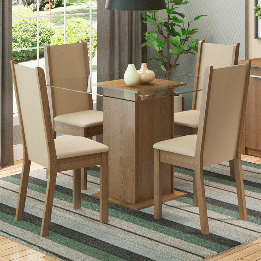 Conjunto Sala de Jantar Mesa Tampo de Vidro com 4 Cadeiras Rustic/Crema/Sintético Bege Aline Madesa