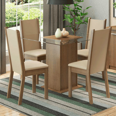 Conjunto Sala de Jantar Mesa Tampo de Vidro com 4 Cadeiras Rustic/Crema/Sintético Bege Aline Madesa