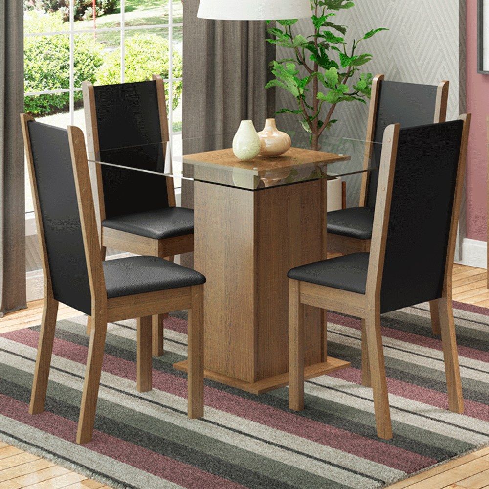 Conjunto Sala de Jantar Aline Madesa Mesa Tampo de Vidro com 4 Cadeiras Rustic/Preto