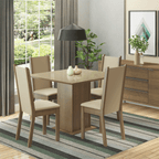 Conjunto Sala de Jantar Mesa Tampo de Vidro com 4 Cadeiras Rustic/Crema/Sintético Bege Moscou Plus Madesa