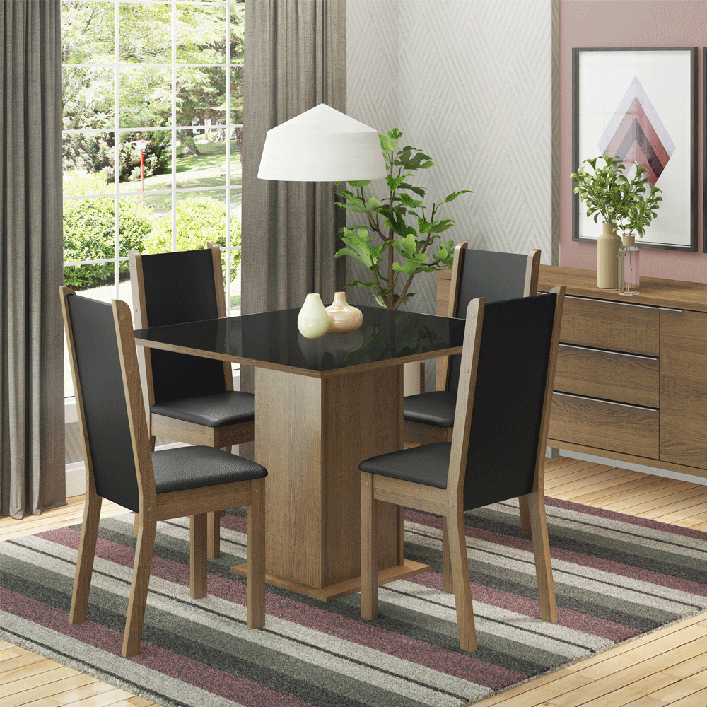 Conjunto Sala de Jantar Moscou Plus Madesa Mesa Tampo de Vidro com 4 Cadeiras Rustic/Preto