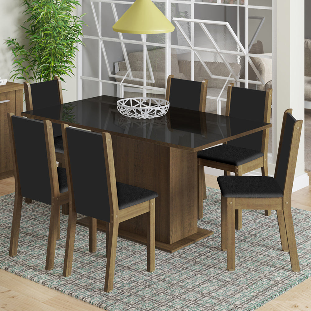 Conjunto Sala de Jantar Moscou Plus Madesa Mesa Tampo de Vidro com 6 Cadeiras Rustic/Preto