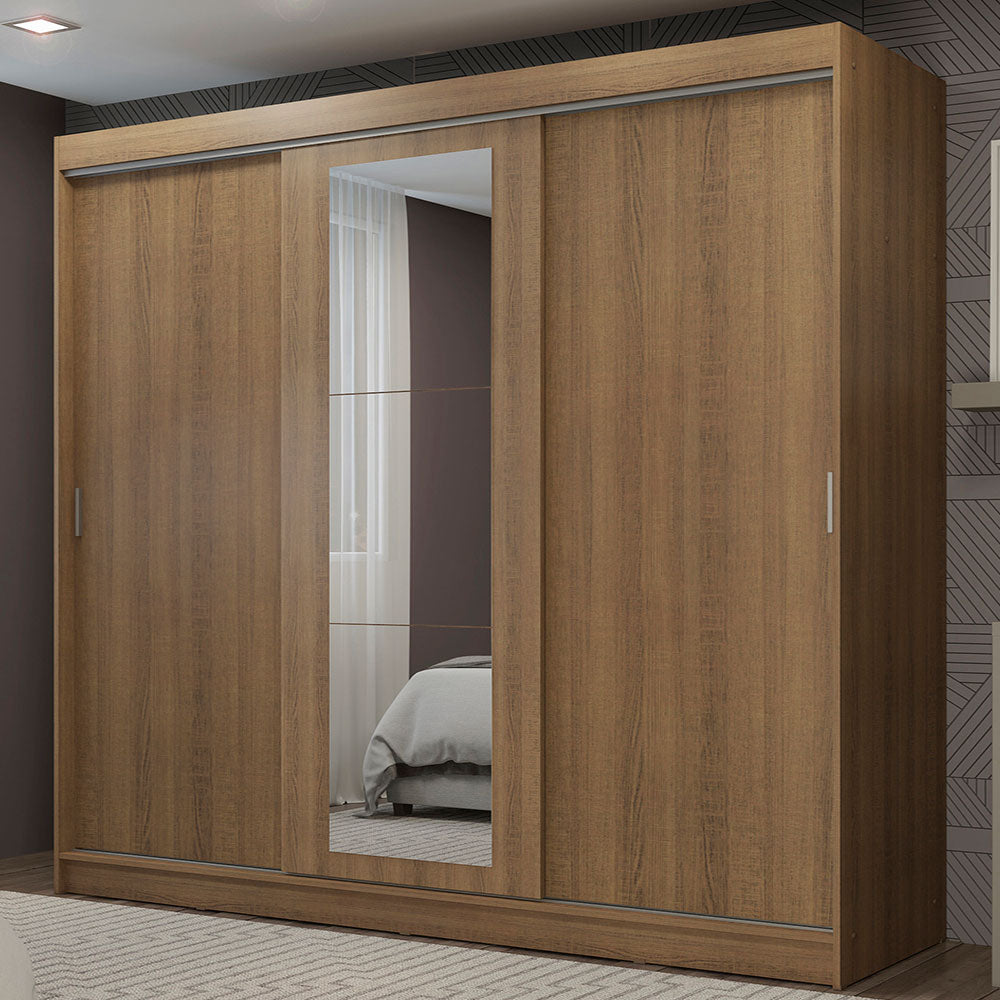 Guarda-Roupa Casal Madesa Kansas 3 Portas de Correr com Espelho 3 Gavetas Rustic