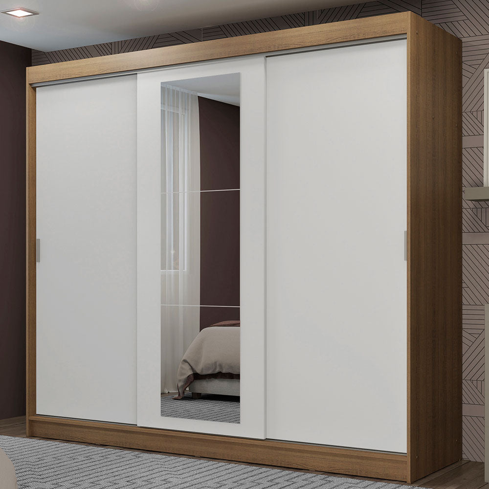Guarda-Roupa Casal Madesa Kansas 3 Portas de Correr com Espelho 3 Gavetas Rustic/Branco