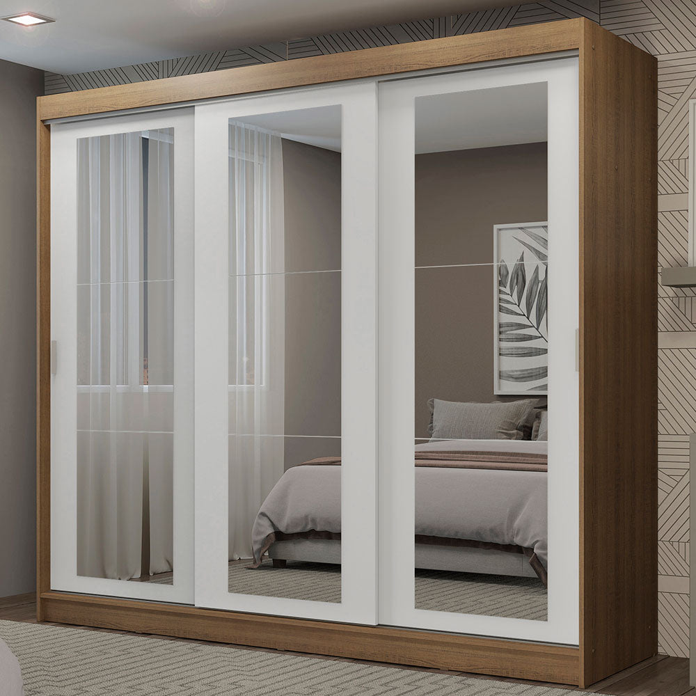 Guarda-Roupa Casal Madesa Kansas 3 Portas de Correr de Espelho 3 Gavetas Rustic/Branco
