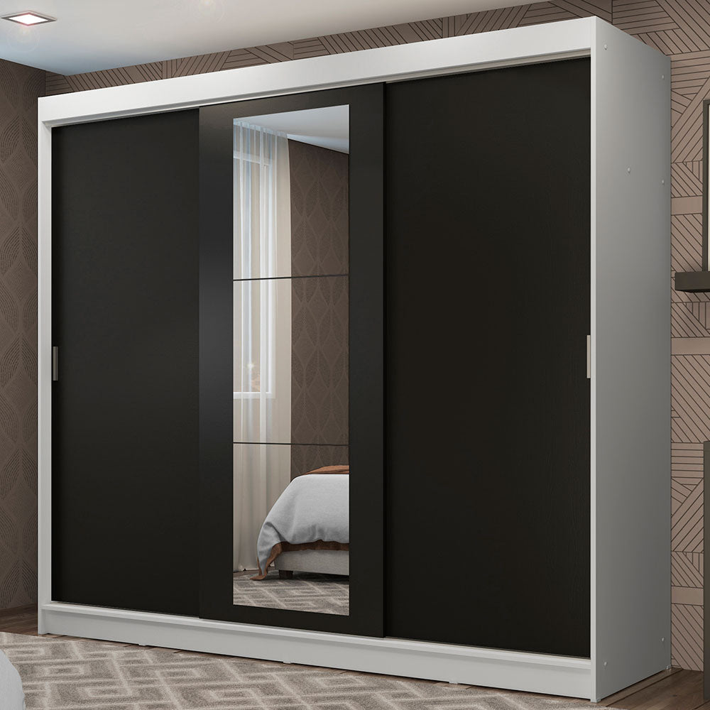 Guarda-Roupa Casal Madesa Kansas 3 Portas de Correr com Espelho 3 Gavetas Branco/Preto