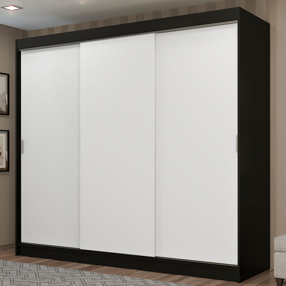 Guarda-Roupa Casal Madesa Kansas 3 Portas de Correr 3 Gavetas Preto/Branco