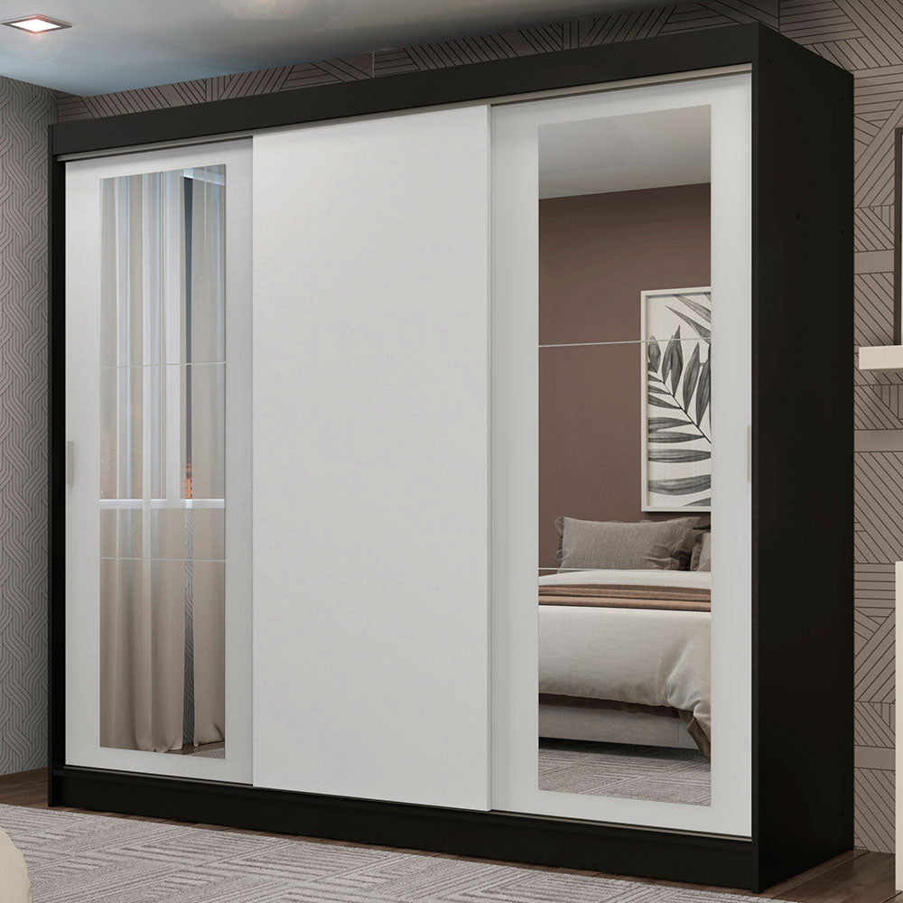 Guarda-Roupa Casal Madesa Kansas 3 Portas de Correr com Espelhos 3 Gavetas Preto/Branco