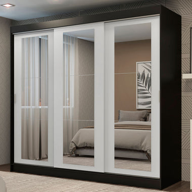 Guarda-Roupa Casal Madesa Kansas 3 Portas de Correr de Espelho 3 Gavetas Preto/Branco