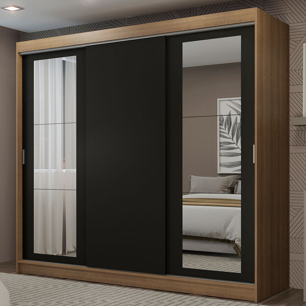 Guarda-Roupa Casal Madesa Kansas 3 Portas de Correr com Espelhos 3 Gavetas Rustic/Preto