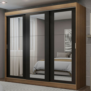 Guarda-Roupa Casal Madesa Kansas 3 Portas de Correr de Espelho 3 Gavetas Rustic/Preto