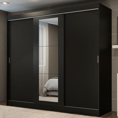 Guarda-Roupa Casal Madesa Kansas 3 Portas de Correr com Espelho 3 Gavetas Preto