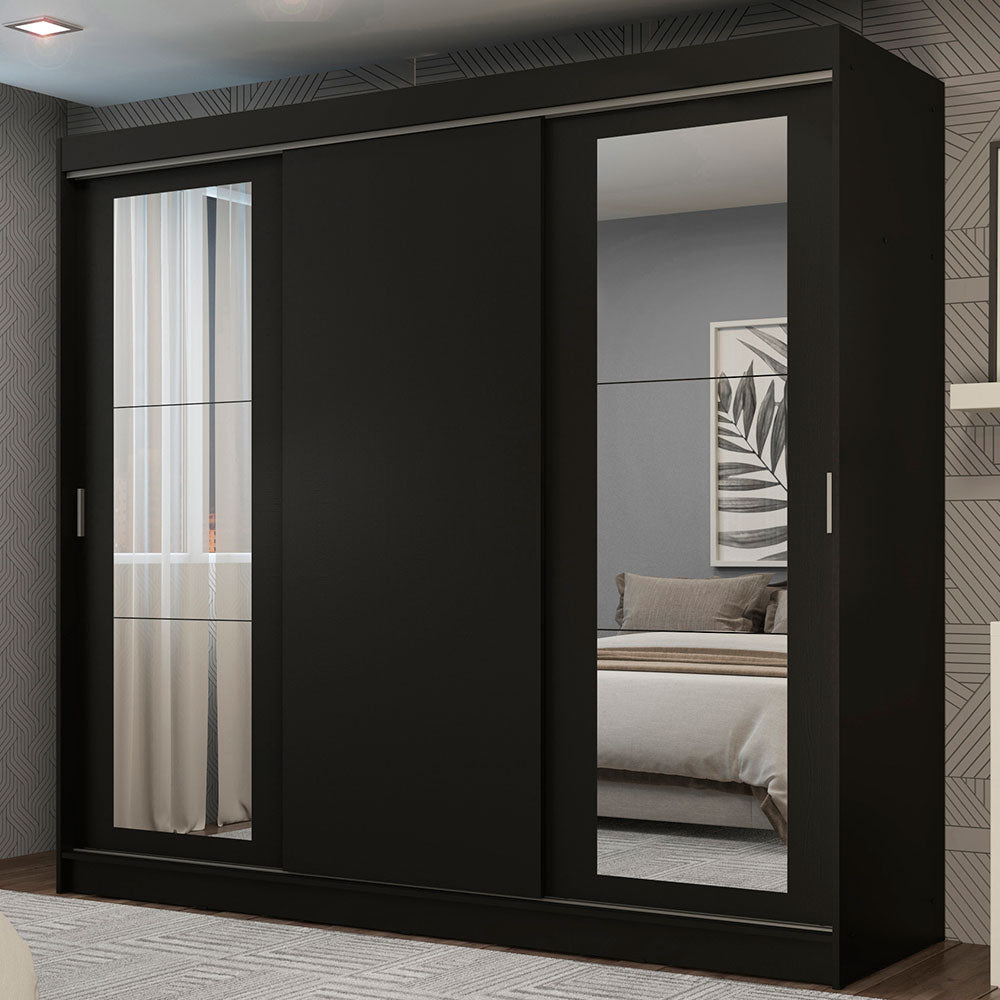 Guarda-Roupa Casal Madesa Kansas 3 Portas de Correr com Espelhos 3 Gavetas Preto