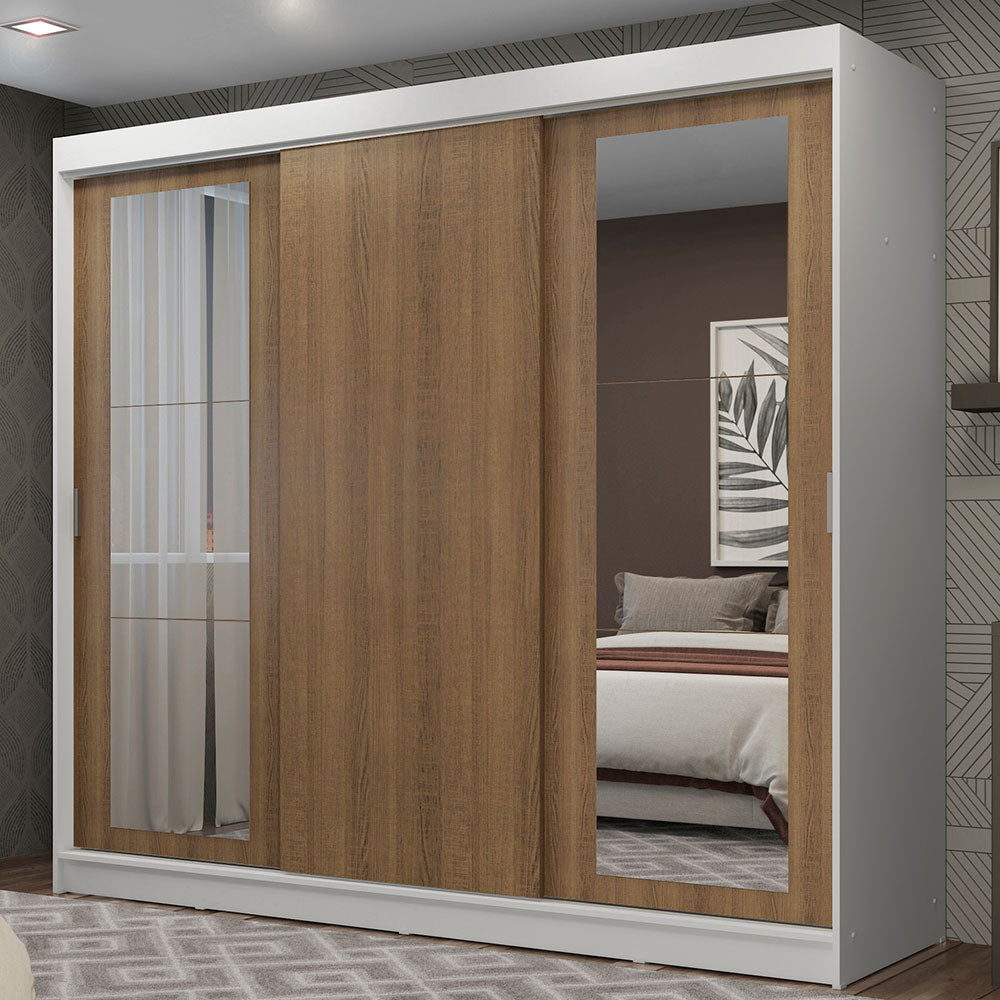 Guarda-Roupa Casal Madesa Kansas 3 Portas de Correr com Espelhos 3 Gavetas Branco/Rustic