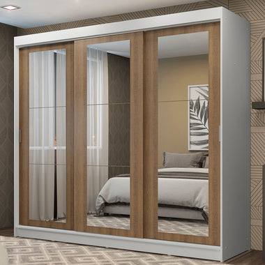 Guarda-Roupa Casal Madesa Kansas 3 Portas de Correr de Espelho 3 Gavetas Branco/Rustic