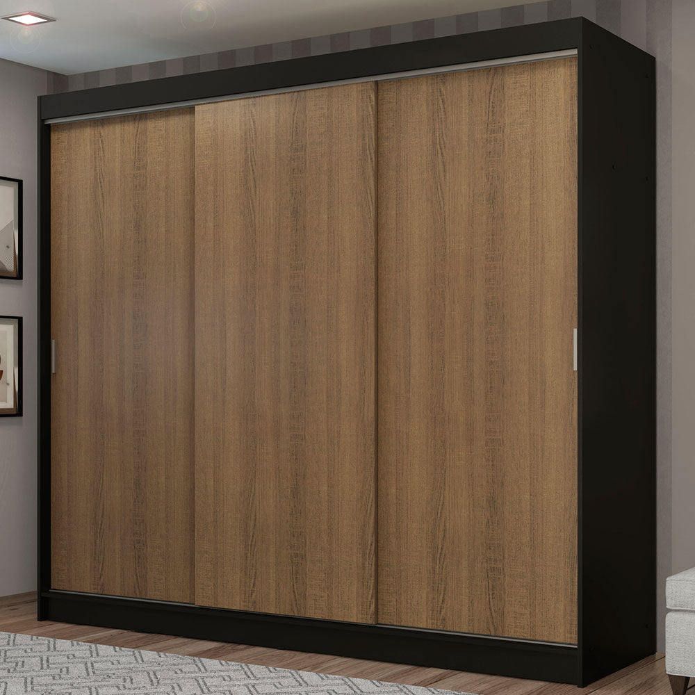 Guarda-Roupa Casal Madesa Kansas 3 Portas de Correr 3 Gavetas Preto/Rustic