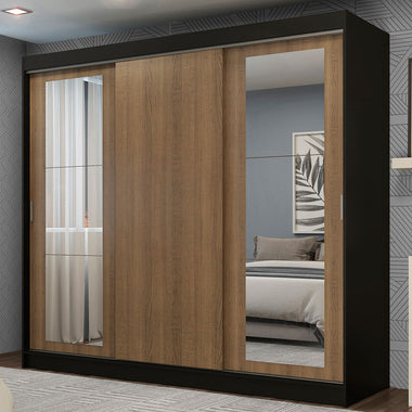 Guarda-Roupa Casal Madesa Kansas 3 Portas de Correr com Espelhos 3 Gavetas Preto/Rustic