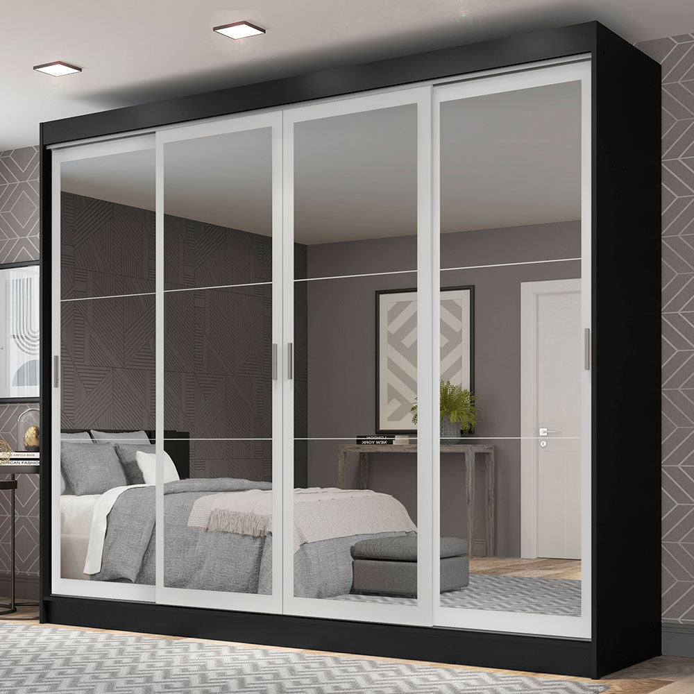 Guarda-Roupa Casal Madesa Austin 4 Portas de Correr de Espelho 3 Gavetas Preto/Branco