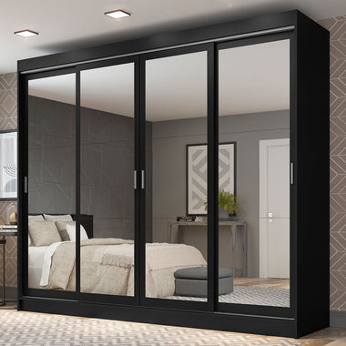 Guarda-Roupa Casal Madesa Austin 4 Portas de Correr de Espelho 3 Gavetas Preto