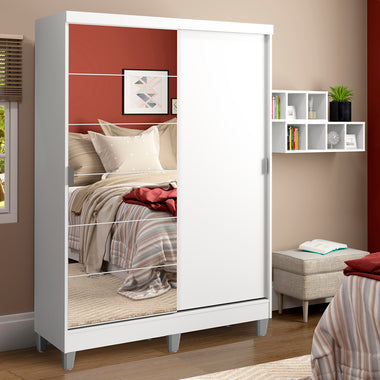 Guarda-Roupa Solteiro Madesa Luke 2 Portas de Correr com Espelho com Pés Branco