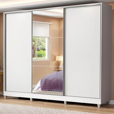 Guarda-Roupa Casal 100% MDF 3 Portas de Correr com Espelho com Pés Branco Royale Madesa