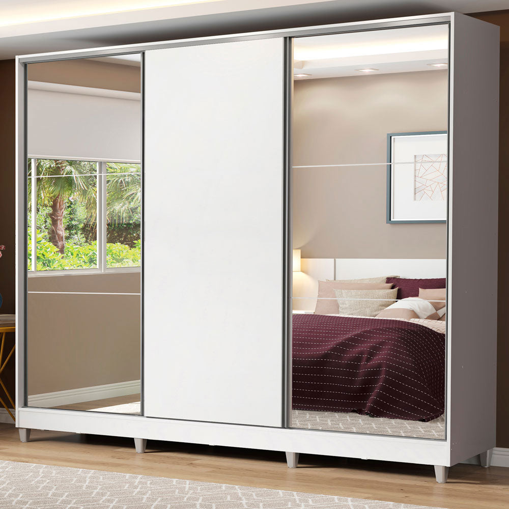 Guarda-Roupa Casal 100% MDF Madesa Royale 3 Portas de Correr com Espelhos com Pés Branco