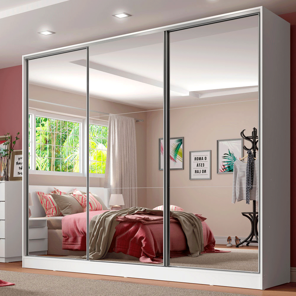 Guarda-Roupa Casal 100% MDF 3 Portas de Correr de Espelho Branco Royale Madesa