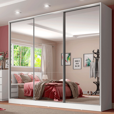 Guarda-Roupa Casal 100% MDF 3 Portas de Correr de Espelho Branco Royale Madesa