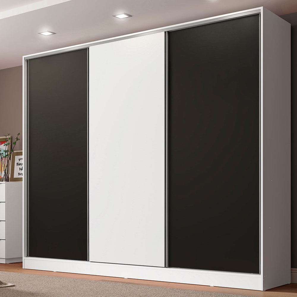 Guarda-Roupa Casal 100% MDF Madesa Royale 3 Portas de Correr Branco/Preto/Branco