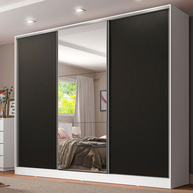 Guarda-Roupa Casal 100% MDF Madesa Royale 3 Portas de Correr com Espelho Branco/Preto