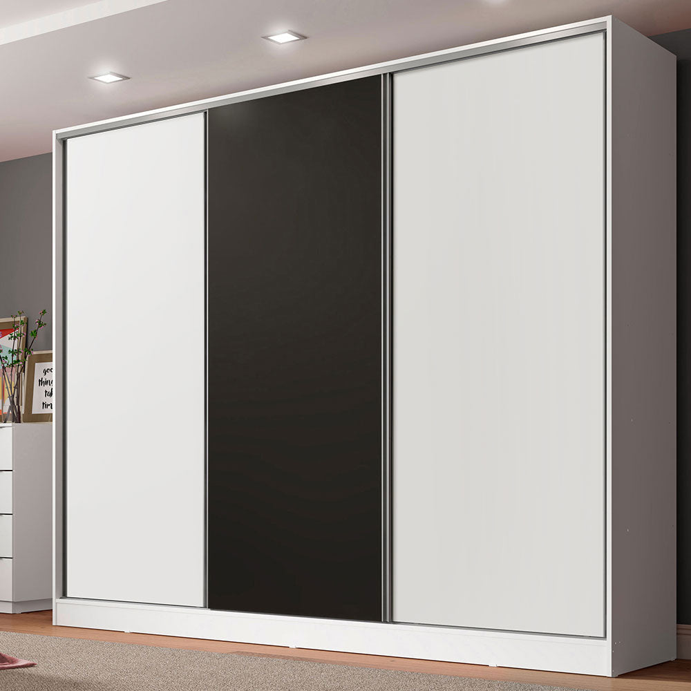 Guarda-Roupa Casal 100% MDF Madesa Royale 3 Portas de Correr Branco/Branco/Preto