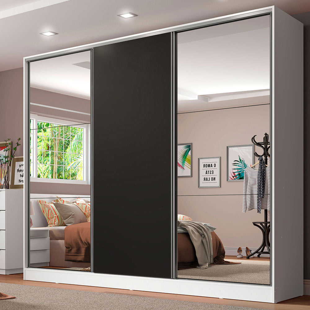 Guarda-Roupa Casal 100% MDF Madesa Royale 3 Portas de Correr com Espelhos Branco/Preto