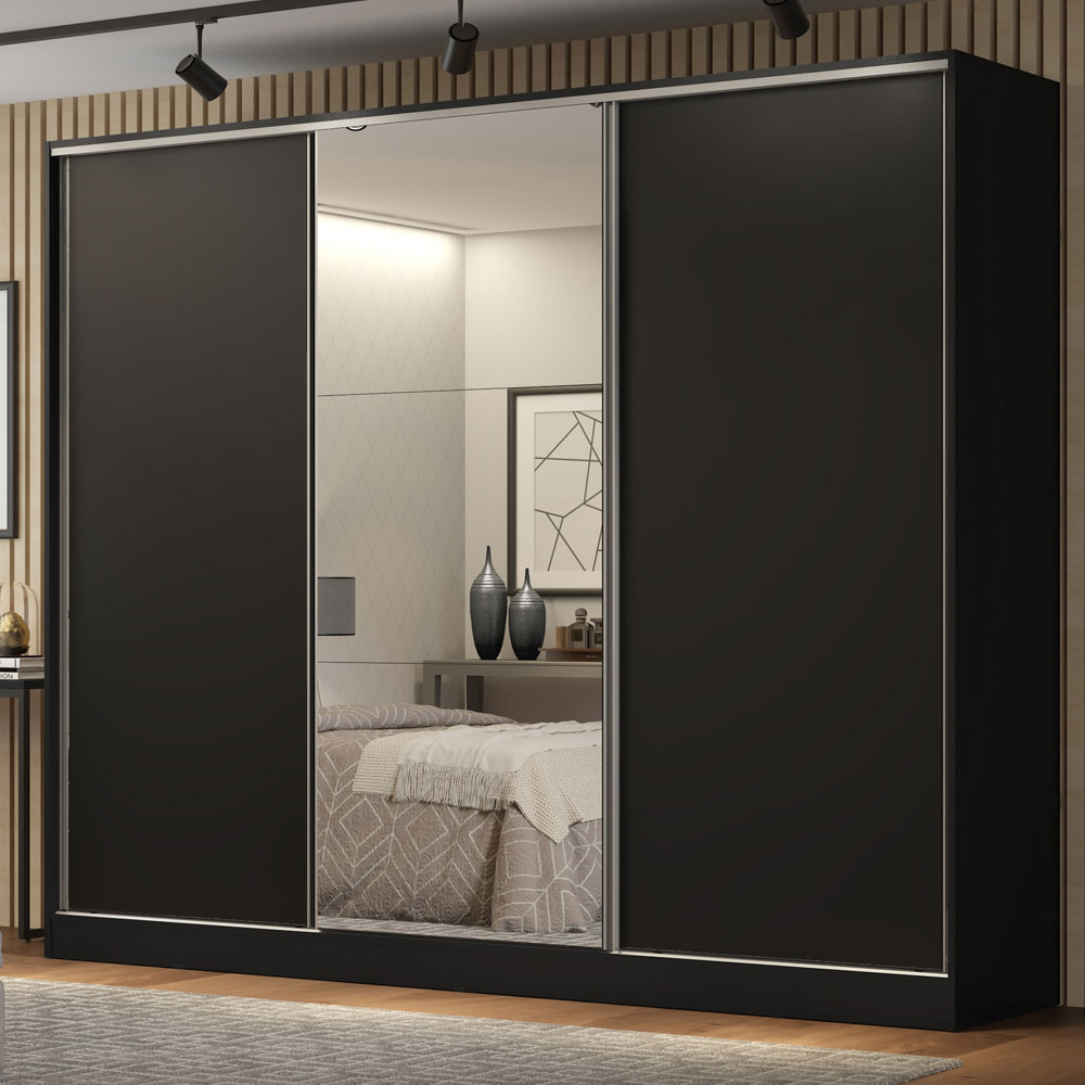 Guarda-Roupa Casal 100% MDF 3 Portas de Correr com Espelho Preto Royale Madesa