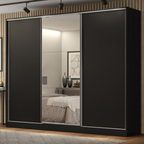 Guarda-Roupa Casal 100% MDF 3 Portas de Correr com Espelho Preto Royale Madesa
