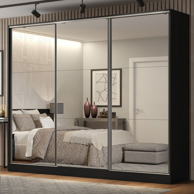 Guarda-Roupa Casal 100% MDF 3 Portas de Correr de Espelho Preto Madesa Royale