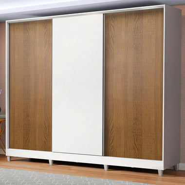 Guarda-Roupa Casal 100% MDF Madesa Royale 3 Portas de Correr com Pés Branco/Rustic/Branco