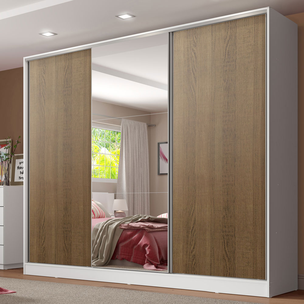 Guarda-Roupa Casal 100% MDF 3 Portas de Correr com Espelho Branco/Rustic Madesa Royale
