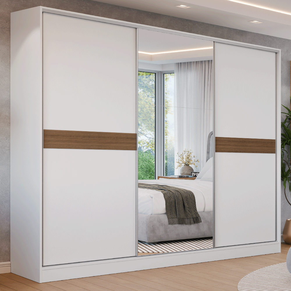 Guarda-Roupa Casal 100% MDF 3 Portas 1 Espelho Branco Malta Madesa