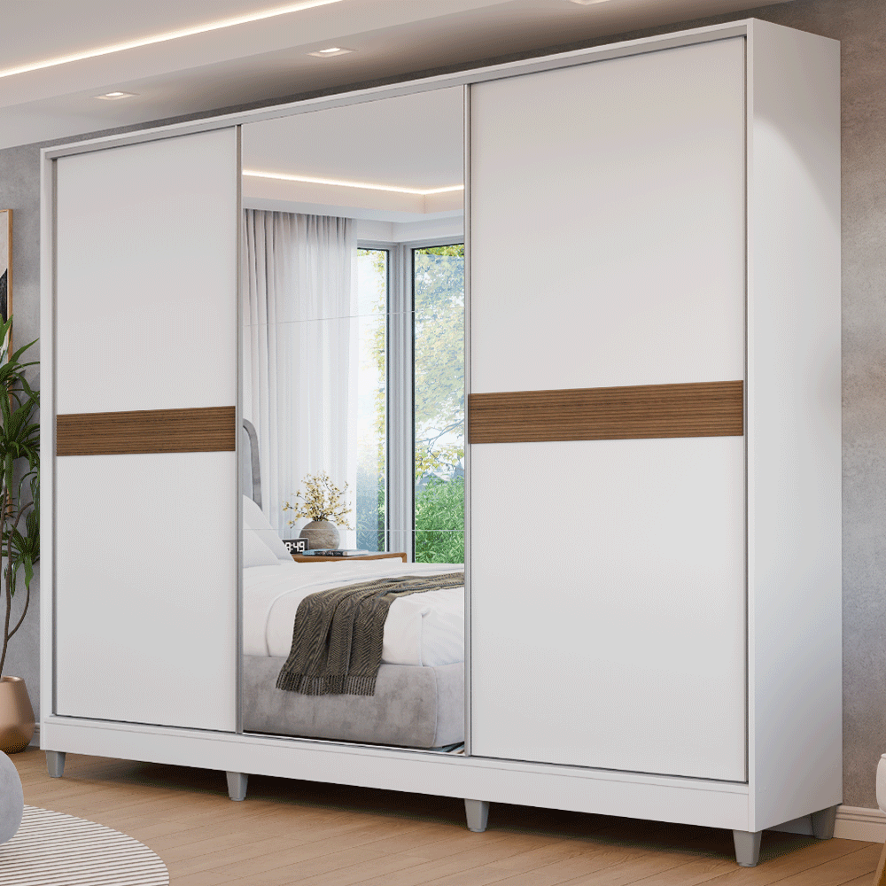 Guarda-Roupa Casal 100% MDF com Pés 3 Portas 1 Espelho Branco Malta Madesa