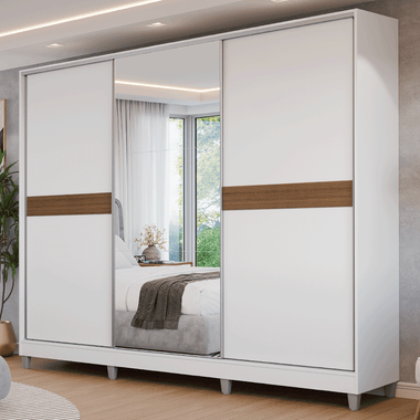 Guarda-Roupa Casal 100% MDF com Pés 3 Portas 1 Espelho Branco Malta Madesa