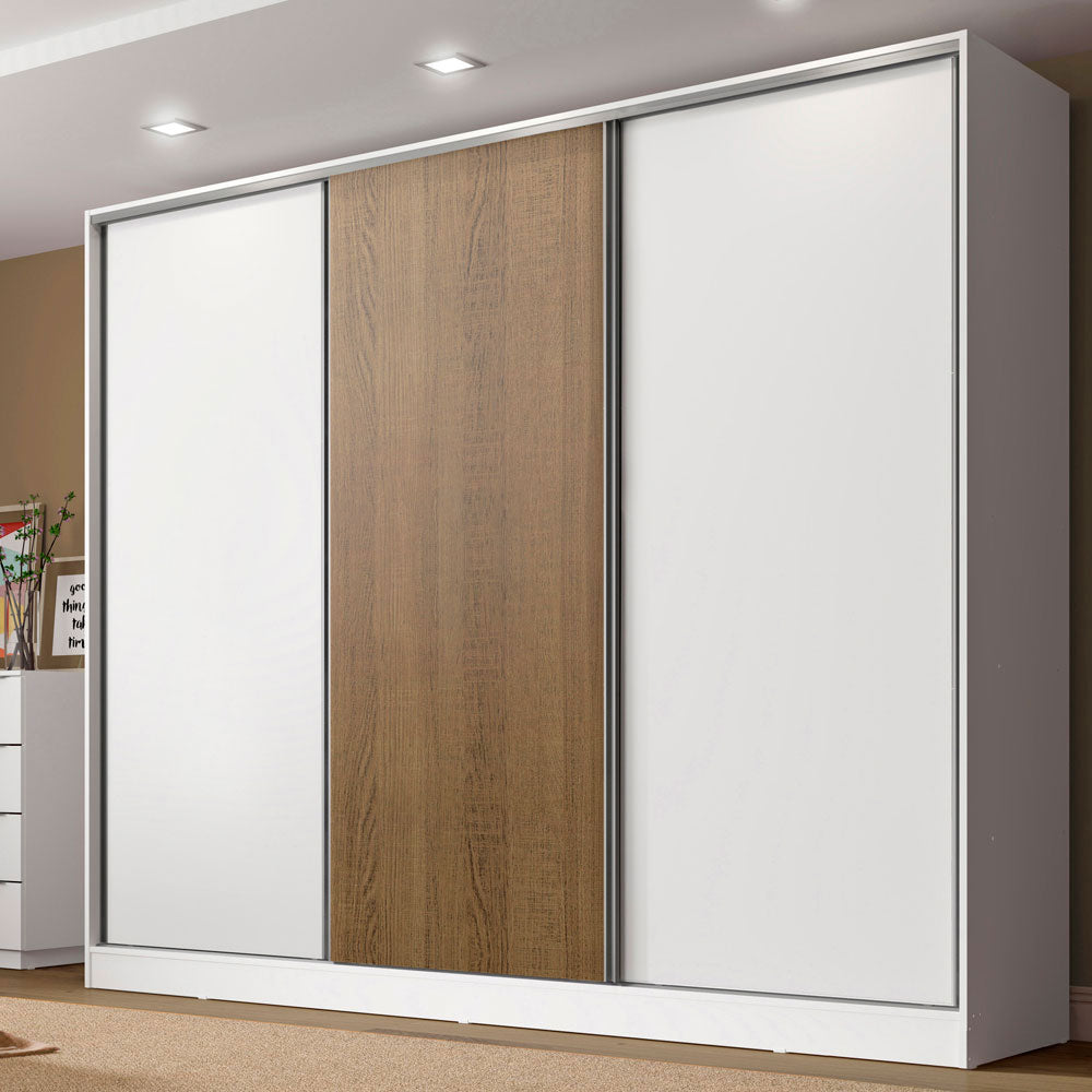 Guarda-Roupa Casal 100% MDF Madesa Royale 3 Portas de Correr Branco/Branco/Rustic