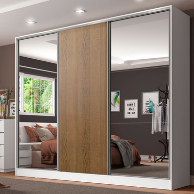 Guarda-Roupa Casal 100% MDF Madesa Royale 3 Portas de Correr com Espelhos Branco/Rustic
