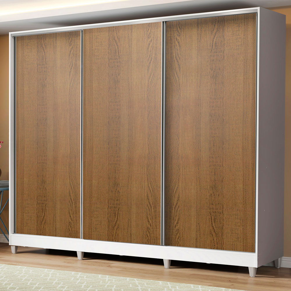 Guarda-Roupa Casal 100% MDF Madesa Royale 3 Portas de Correr com Pés Branco/Rustic
