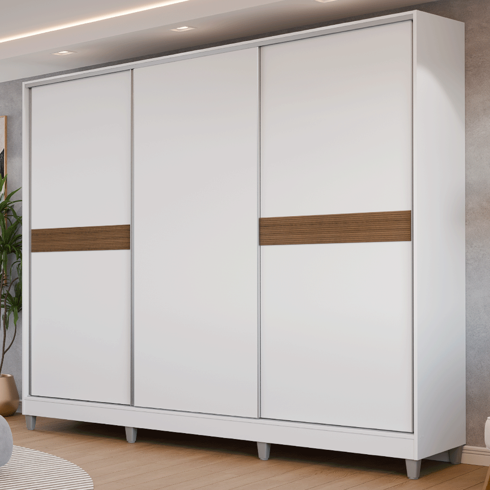 Guarda-Roupa Casal 100% MDF com Pés 3 Portas Branco Malta Madesa
