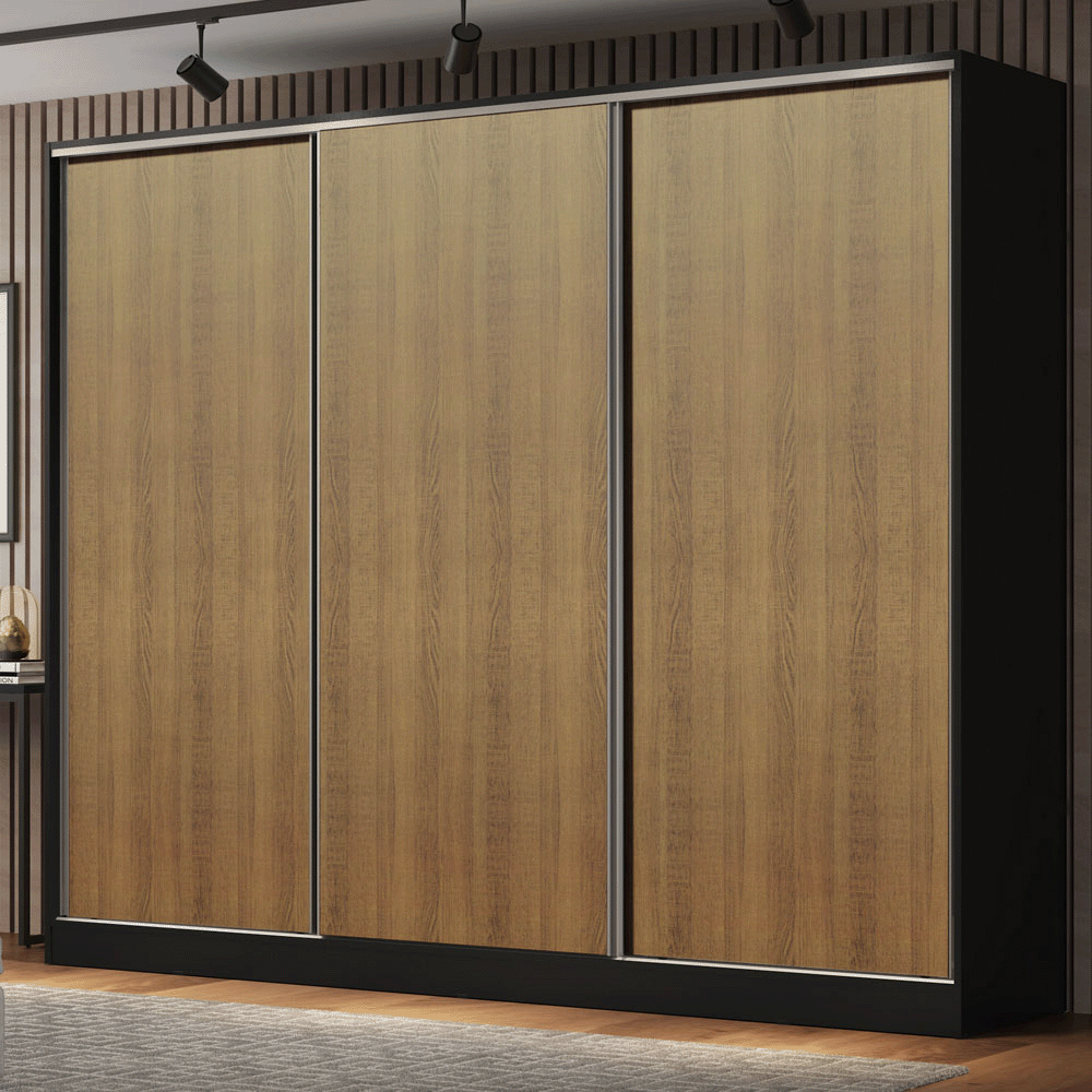 Guarda-Roupa Casal 100% MDF Madesa Royale 3 Portas de Correr Preto/Rustic
