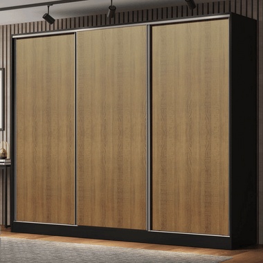Guarda-Roupa Casal 100% MDF Madesa Royale 3 Portas de Correr Preto/Rustic